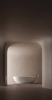 Üç boyutlu modern banyo, kıvrımlı alçı duvarlar ve beyaz küvet. Sol taraftaki pencere doğal ışık alıyor..