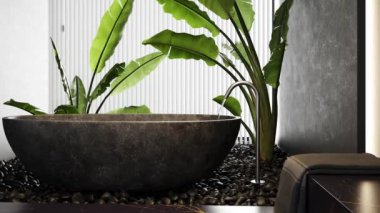 Üç boyutlu modern banyo, siyah mermer ve alçı duvarlı. Siyah küvet ve yerde siyah taşlar. Büyük bitkiler. Doğal ışık. 