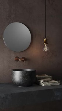 Modern banyo, siyah mermer lavabo ve alçı duvarlı. Klasik ampul lambası ve yuvarlak ayna. Pembe altın musluk. 