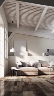 Beyaz ahşap kirişli tavanlı bir oturma odası. Gri kanepe ve dekorasyon. Doğal yumuşak gün ışığı.