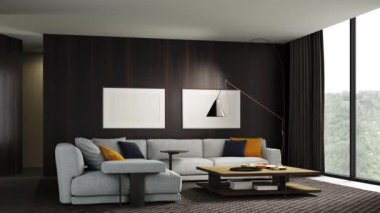 Livingroom 'un 3 boyutlu resmi ve gri kanepe. Kara ahşap duvarlar ve zemin. Siyah halı ve lamba. Sağında büyük pencere, solunda da kitap rafları var. Duvarda iki çerçeve.