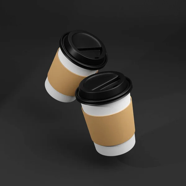 paper coffee cups isolated on black background. 3 d render illustration.