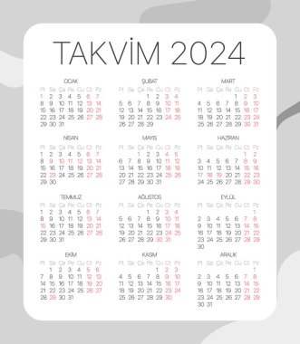 Türk takvimine sahip 2024 takvim şablonu