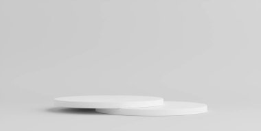 Ürün Kürsüsü - İki Beyaz Podyum, Beyaz Arkaplan. 3B Görüntü