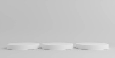 Ürün Kürsüsü - Üç Beyaz Podyum, Beyaz Arkaplan. 3B Görüntü