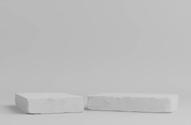 Ürün Kürsüsü - İki Beyaz Taş Podyum, Beyaz Duvar Arkaplanı. 3B Görüntü
