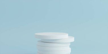 Ürün Kürsüsü - Beyaz Raflı Podyumlar, Mavi Arkaplan. 3B Görüntü