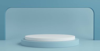 Ürün Kürsüsü - İki Beyaz & Mavi Yığılmış Podyum, Mavi Arkaplan. 3B Görüntü