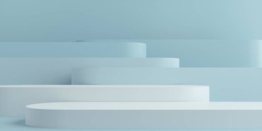 Ürün Kürsüsü - Mavi & Beyaz Haplı Podyumlar, Mavi Arkaplan. 3B Görüntü