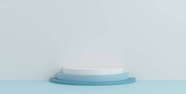 Ürün Podyumu - Mavi & Beyaz Podyum, Mavi Duvar Arkaplanı. 3B Görüntü