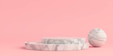 Ürün Kürsüsü - Beyaz Mermer Podyumlar, Pembe Arkaplan. 3B Görüntü