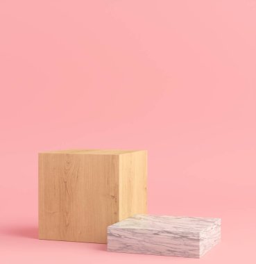 Ürün Podyumu - Tahta & Beyaz Mermer Podyum, Pembe Arkaplan. 3B Görüntü