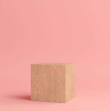 Ürün Kürsüsü - Tahta Podyum, Pembe Arkaplan. 3B Görüntü