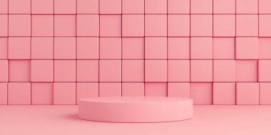 Ürün kürsüsü - Pembe Podyum, Pembe Kareli Arkaplan. 3B Görüntü