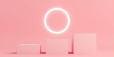Ürün Kürsüsü - Üç Kare Pembe Podyum, Çevre Işıklı Pembe Arkaplan. 3B Görüntü