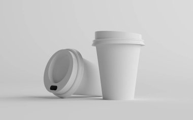 12 ons. / 355ml Tek Duvar Kağıt Düzenli / Orta boy Kahve Kupası Mockup with White Lid - İki Fincan. 3B Görüntü