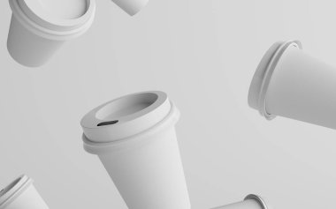 12 ons. / 355 ml Tek Duvar Kağıt Düzenli / Orta boy Kahve Kupası Mockup with White Lid - Çoklu Yüzen Kupalar. 3B Görüntü