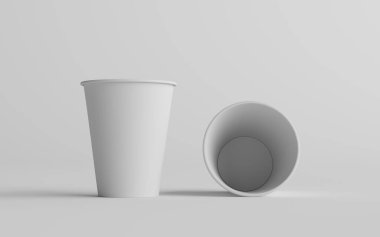 12 ons. / 355ml Tek Duvar Kağıt Düzenli / Orta boy Kahve Kupası Mockup with White Lid - İki Fincan. 3B Görüntü