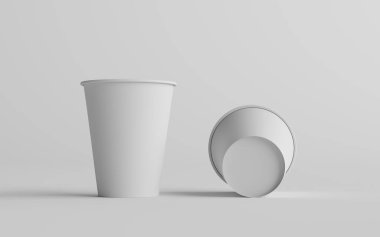12 ons. / 355ml Tek Duvar Kağıt Düzenli / Orta boy Kahve Kupası Mockup with White Lid - İki Fincan. 3B Görüntü