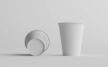 12 ons. / 355ml Tek Duvar Kağıt Düzenli / Orta boy Kahve Kupası Mockup with White Lid - İki Fincan. 3B Görüntü