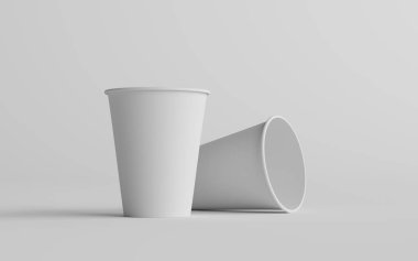 12 ons. / 355ml Tek Duvar Kağıt Düzenli / Orta boy Kahve Kupası Mockup with White Lid - İki Fincan. 3B Görüntü