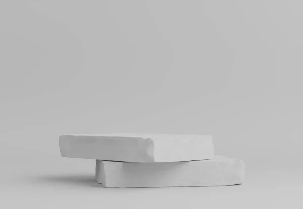 Подиум Продукции Два Стеллажа Белого Камня Белый Фон Стены Моделирование — стоковое фото