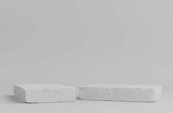 Подиум Продукции Два Белых Камня Белый Фон Стены Моделирование — стоковое фото