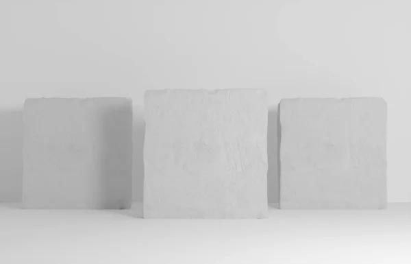 Product Podium Drie Witte Stenen Podia Witte Muur Achtergrond Illustratie — Stockfoto