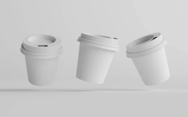 4Oz シングルウォールペーパーエスプレッソコーヒーカップモックアップホワイトリッド 3カップ 3Dイラスト — ストック写真