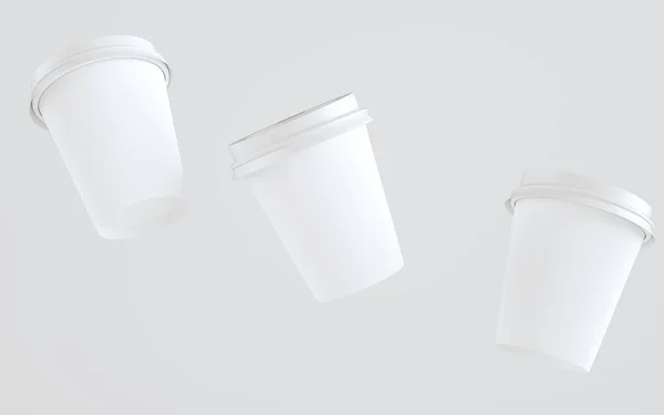 Paper Coffee Cup Mockup Met Deksel Drie Drijvende Bekers Illustratie — Stockfoto