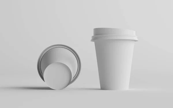 12オンス 355Mlシングルウォールペーパーレギュラー ミディアムコーヒーカップモックアップ ホワイトリッド付 Two Cups 3Dイラスト — ストック写真