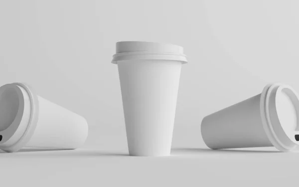 16オンス シングルウォールペーパー大型コーヒーカップホワイト蓋付きモックアップ 3カップ 3Dイラスト — ストック写真