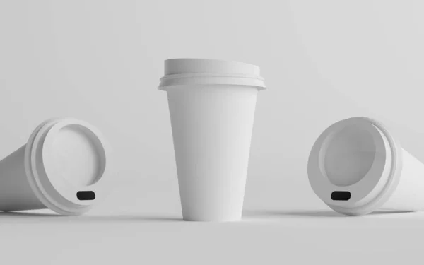 16オンス シングルウォールペーパー大型コーヒーカップホワイト蓋付きモックアップ 3カップ 3Dイラスト — ストック写真