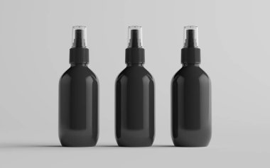 200 ml Black Plastic Spray Şişe Mokup - Üç şişe. 3B Görüntü