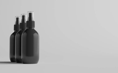 200 ml Black Plastic Spray Şişe Mokup - Üç şişe. 3B Görüntü