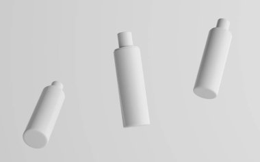 250ml Beyaz Plastik Şampuan / Duş jeli / Cilt Toniği, Kozmetik Şişe Makyajı - Üç Yüzen Şişe. 3B Görüntü