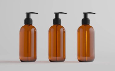 Kehribar Cam Pompa-Model-Sıvı Sabun, Şampuan-Kutu-Üç Şişe. 3B Görüntü