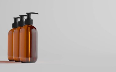 Kehribar Cam Pompa-Model-Sıvı Sabun, Şampuan-Kutu-Üç Şişe. 3B Görüntü