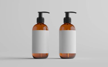 Kehribar Cam Pompa-Model-Sıvı Sabun, Şampuan-Kutu-İki Şişe. Blank Label. 3B Görüntü