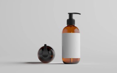 Kehribar Cam Pompa-Model-Sıvı Sabun, Şampuan-Kutu-İki Şişe. Blank Label. 3B Görüntü