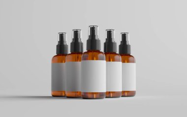 Amber Püskürtme Şişe Modeli - Çoklu Şişe. Blank Label. 3B Görüntü