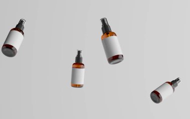 Amber Spray Bottle Mockup - Multiple Floating Bottles. Blank Label. 3D Illustration clipart