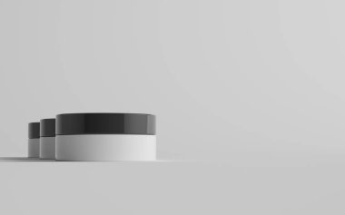Siyah ve Beyaz Plastik Kozmetik Jar Mockup - Üç kavanoz. 3B Görüntü
