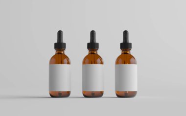 Amber Glass Dropper Şişe Modeli - Üç Şişe. Blank Label. 3B Görüntü