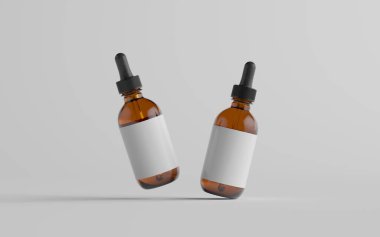 Amber Glass Dropper Şişe Modeli - İki Şişe. Blank Label. 3B Görüntü