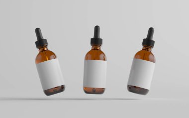 Amber Glass Dropper Şişe Modeli - Üç Şişe. Blank Label. 3B Görüntü