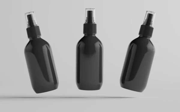 200Ml Black Plastic Spray Bottle Mockup Drie Flessen Illustratie — Stockfoto