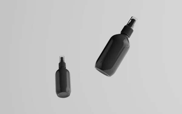 Botella Spray Plástico Negro 200 Mockup Dos Botellas Flotantes Ilustración —  Fotos de Stock