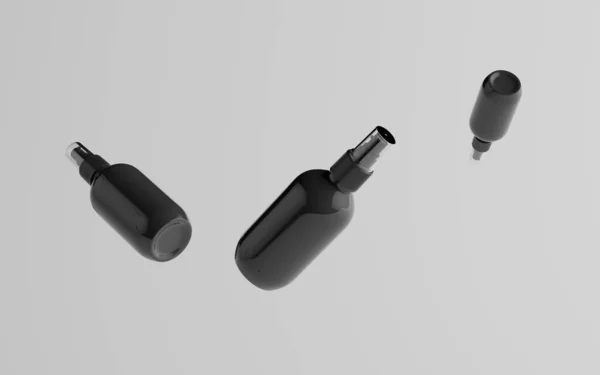 200Ml Black Plastic Spray Bottle Mockup Drie Drijvende Flessen Illustratie — Stockfoto