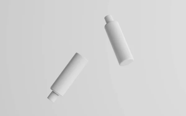 250Mlホワイトプラスチックシャンプー シャワージェル スキントニック 化粧品ボトルモックアップ 2つのフローティングボトル 3Dイラスト — ストック写真